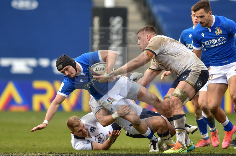 Guinness Sei Nazioni 2021, Round 5, Edimburgo, Murrayfield 20/03/2021, Scozia v Italia, Carlo Canna portato a terra. Accorre Mattia Bellini. Foto David Gibson/Fotosportit