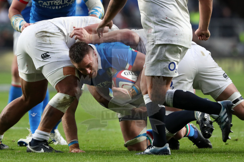 Guinness Sei Nazioni 2019, Round 4, Londra, Twickenham 09/03/2019, Inghilterra v Italia, Braam Steyn portato a terra. Foto Daniele Resini/Fotosportit