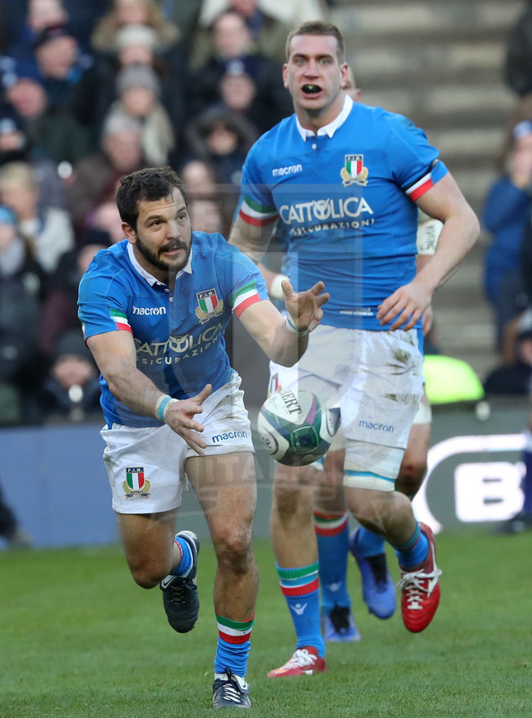 Guinness Sei Nazioni 2019, Round 1, Edimburgo, Murrayfield 02/02/2019, Scozia v Italia, Guglielmo Palazzani apre palla. Ruzza accorre. Foto Daniele Resini/Fotosportit