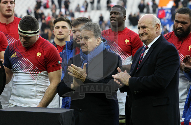 Rbs Sei Nazioni 2016, round 1, Parigi, Stade de France 06/02/2016, Francia v Italia, i presidenti delle due federazioni e Guirado. Foto Daniele Resini/Fotosportit