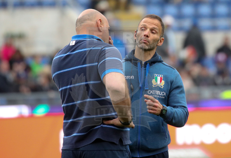 Guinness Sei Nazioni 2019, Round 5, Roma, Stadio Olimpico, 16/03/2019, Italia v Francia. David Fonzi con Giampiero De Carli durante il warm-up. Foto Roberto Bregani/Fotosportit