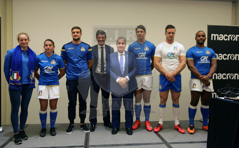 Milano, presentazione del nuovo sponsor tecnico Fir, Milano, NHOW Hotel 03/07/2017, Isabella Locatelli, Maria Magatti, Edoardo Padovani, Gianluca Pavanello, ad di Macron, il Presidente federale Alfredo Gavazzi, Francesco Minto, Bram Steyn e Maxime Mbandà. Foto Daniele Resini/Fotosportit