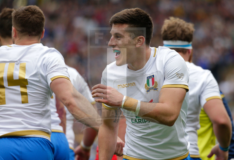 Natwest Sei Nazioni 2018, Roma, Stadio Olimpico, 17/03/2018, Italia v Scozia. Tommaso Allan esulta dopo la meta. Foto: Roberto Bregani/Fotosportit