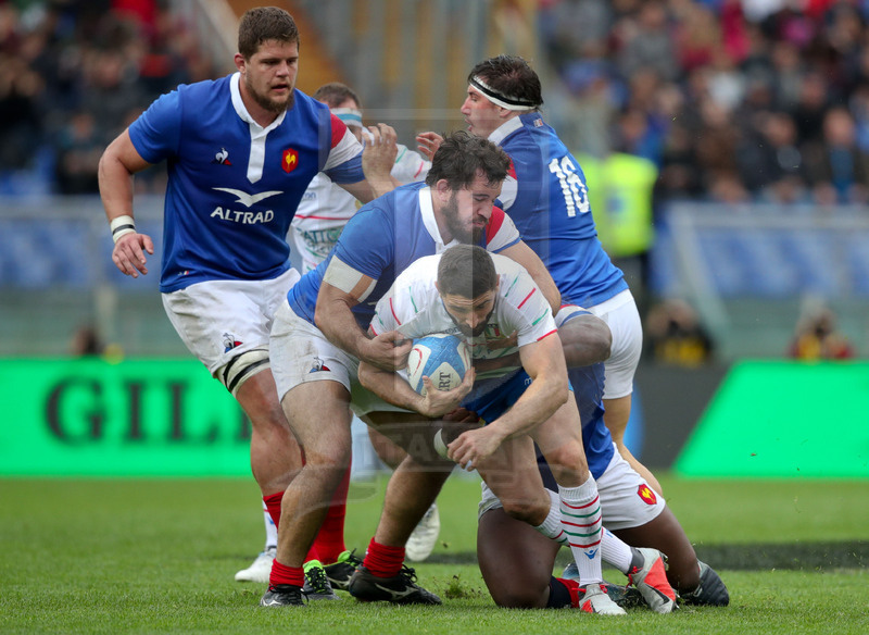 Guinness Sei Nazioni 2019, Round 5, Roma, Stadio Olimpico, 16/03/2019, Italia v Francia. Tito Tebaldi attacato da Etienne Falgoux. Foto Roberto Bregani/Fotosportit