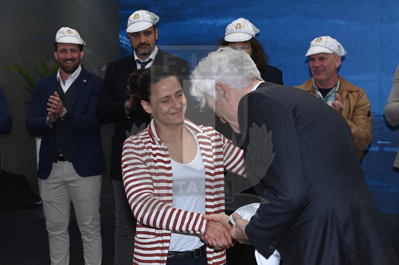 ROME, ITALY - MARCH 12: Sara Barattin is presented with her 100th test cap by Marzio Innocenti during the Centurion Test Cap ceremony before the Guinness Six Nations Rugby match between Italy and Scotland at Stadio Olimpico on March 12, 2022 in Rome, Italy. (Photo by Tullio Puglia - Federugby/Getty Images)