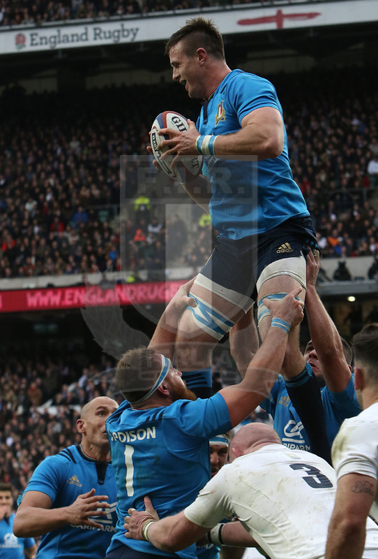 RBS Sei Nazioni 2017, Londra, Twickenham 26/02/2017, Inghilterra v Italia, Abraham Steyn conquista touche. Foto Daniele Resini/Fotosportit