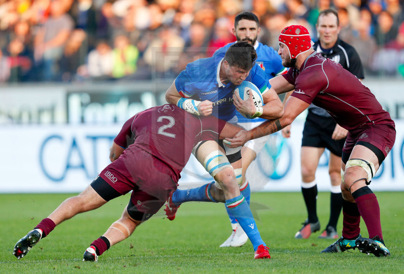 Cattolica Test Match 2018, Firenze, stadio Artemio Franchi 10/11/2018, Italia v Gorgia, Una carica di Sebastian negri su Jaba Bregvadze e Lasha Lomidze. Foto Roberto Bregani.