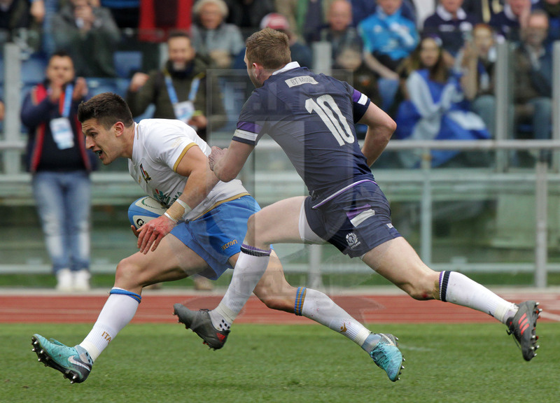 Natwest Sei Nazioni 2018, round 5, Roma stadio Olimpico 17/03/2018, Italia v Scozia,la corsa di Tommaso Allan verso la meta. Foto Daniele Resini/Fotosportit