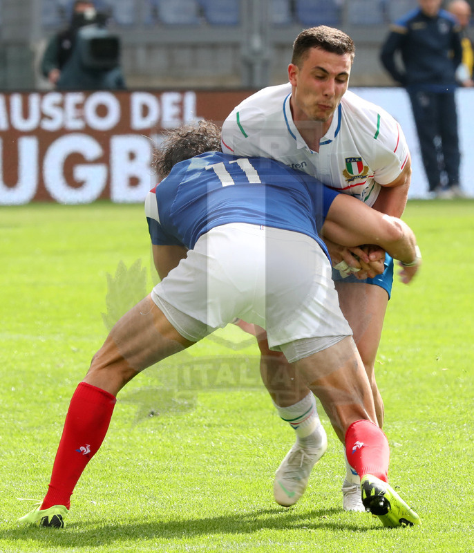 Guinness Sei Nazioni 2019, Round 5, Roma, stadio Olimpico 16/03/2019, Italia v Francia, Marco Zanon impatta su Yoann Huget. Foto Daniele Resini/Fotosportit