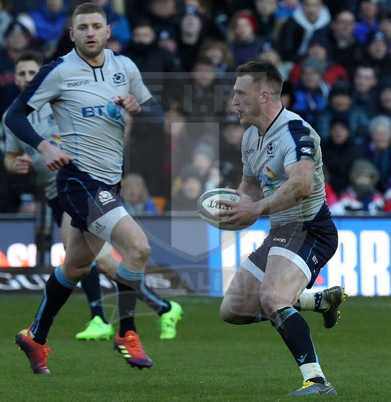 Guinness Sei Nazioni 2018, Round 1, Edimburgo, Murrayfield 02/02/2019, Scozia v Italia, Stuart Hogg e Finn Russell. Foto Daniele Resini/Fotosportit