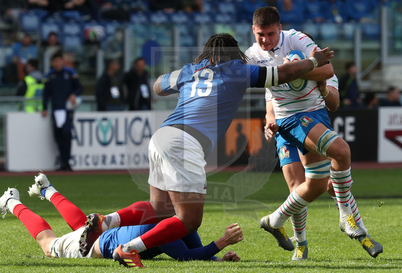 Guinness Sei Nazioni 2019, Round 5, Roma, stadio Olimpico 16/03/2019, Italia v Francia, Jake Polledri su Bastareaud. Foto Daniele Resini/Fotosportit