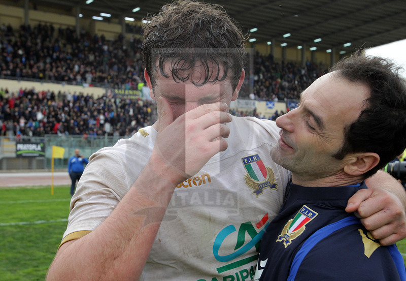 Natwest Sei Nazioni U20 2018, round 5, Bari, stadio della Vittoria 16/03/2018, Italia U20 v Scozia U20, la gioia degli Azzurri a fine match, le lacrime di Lamaro e l\
