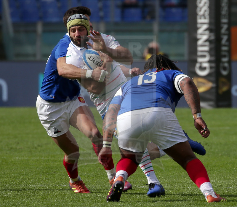 Guinness Sei Nazioni 2019, Round 5, Roma, Stadio Olimpico, 16/03/2019, Italia v Francia. Angelo Esposito attacca Mathieu Bastareaud e Romain Ntamack. Foto Roberto Bregani/Fotosportit