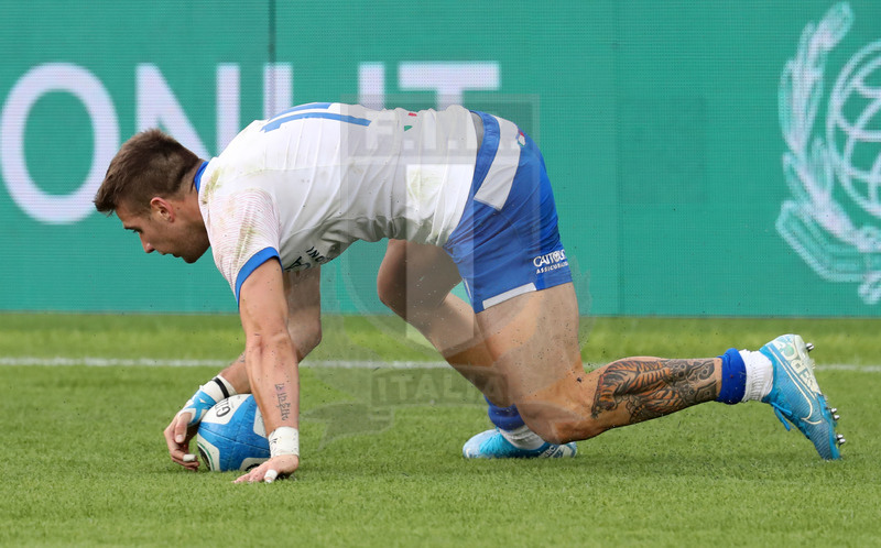 Guinness Sei Nazioni 2021, Round 1, Roma, stadio Olimpico 06/02/2021, Italia v Francia, Luca Sperandio marca la meta azzurra. Foto Daniele Resini/Fotosportit