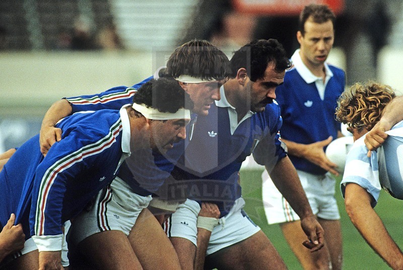 Rugby World Cup 1987, Pool 3, Christchurch, Lancaster Park 28/05/1987, Argentina v Italia, La prima linea azzurra con Tito Lupini, Toni Galeazzo, Guido Rossi. Foto Daniele Resini/Fotosportit