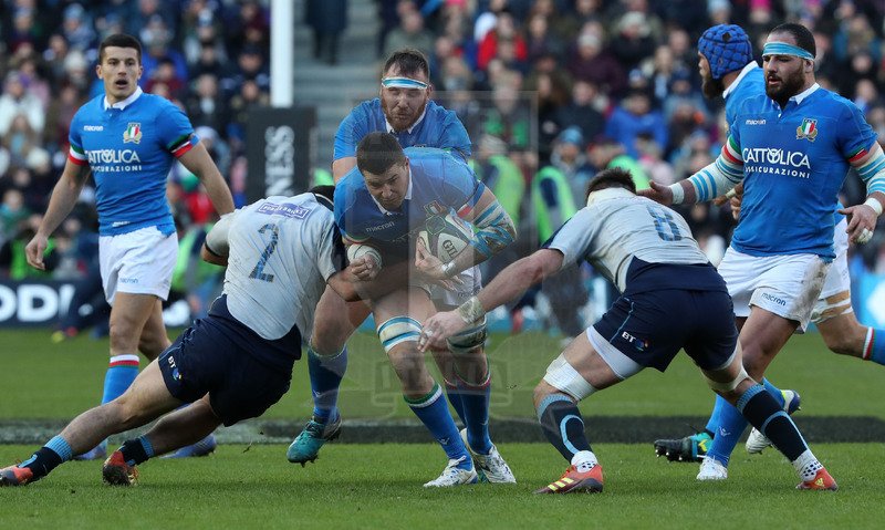 Guinness Sei Nazioni 2019, Round 1, Edimburgo, Murrayfield 02/02/2019, Scozia v Italia, Sebastian Negri subisce un doppio placcaggio. Foto Daniele Resini/Fotosportit