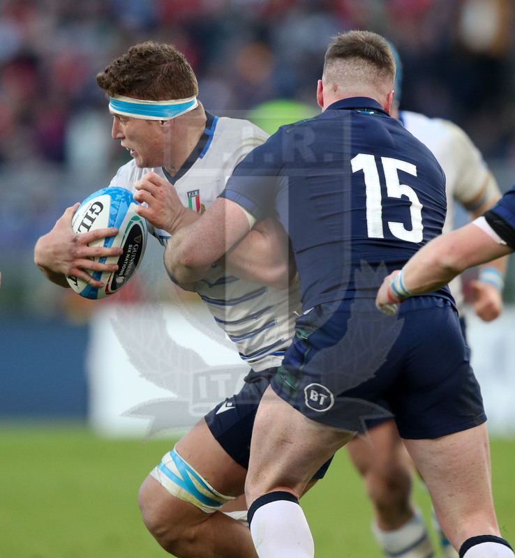 Guinness Sei Nazioni 2020, Round 3, Roma, Stadio Olimpico, 22/02/2020, Italia v Scozia. Giovanni Licata contro Stuart Hogg. Foto Roberto Bregani/Fotosportit