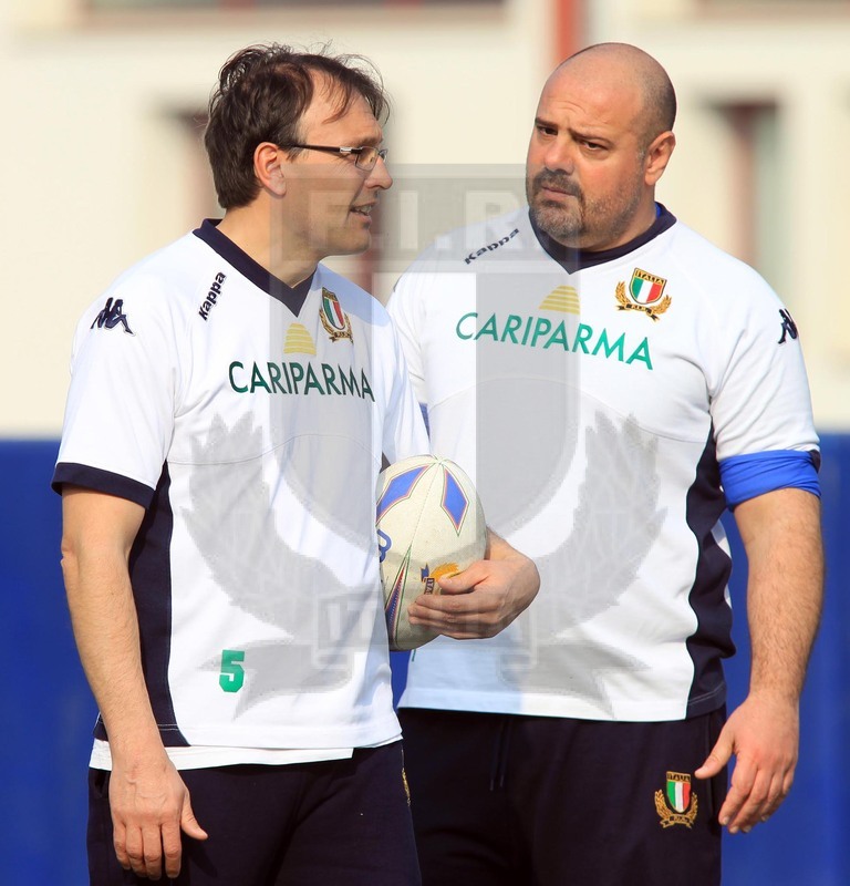 Sei Nazioni 2012, Rovigo, 2012/03/03, Italia U20 v Inghilterra U20, i tecnici italiani Massimo Brunello e Giampiero "Ciccio" De Carli. Foto Daniele Resini/Fotosportit