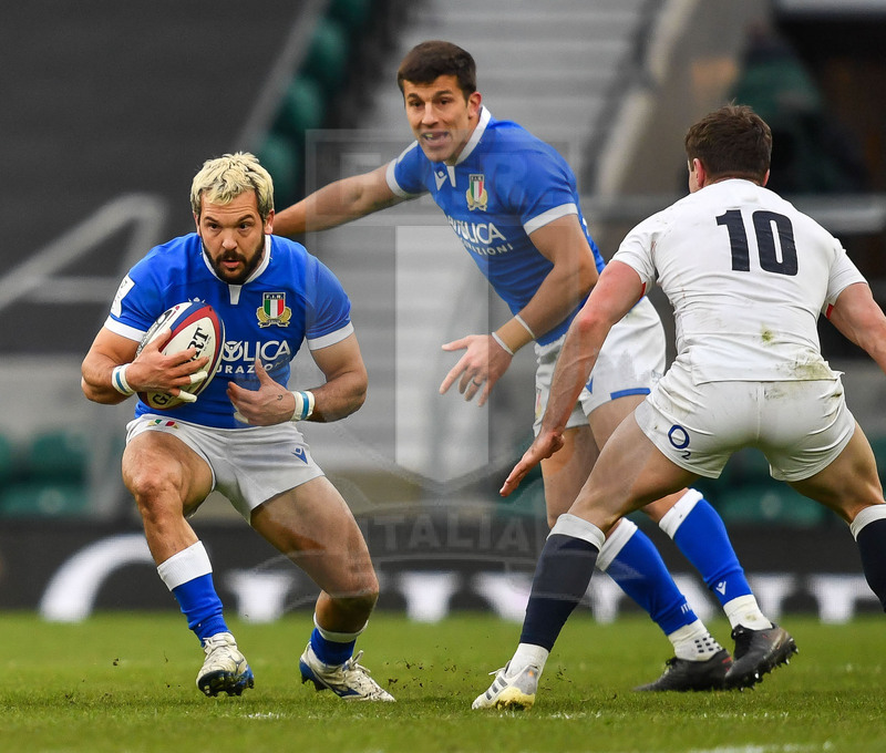 Guinness Sei Nazioni 2021, Round 2, Londra, Twickenham 13/02/2021, Inghilterra v Italia, Guglielmo Palazzani con Allan in sostegno. Foto Graig Thomas/Fotosportit