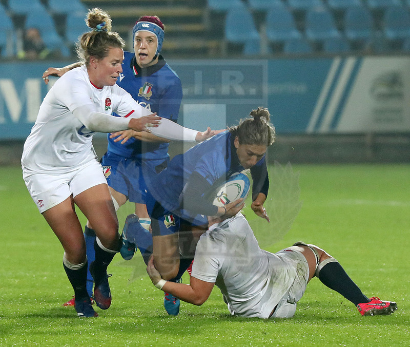 Guinness Sei Nazioni Donne 2020, Round 5, Parma, Cittadella del Rugby 01/11/2020, Italia Donne v Inghilterra Donne, Soidia Stefan portata a terra. Foto Daniele Resini/Fotosportit