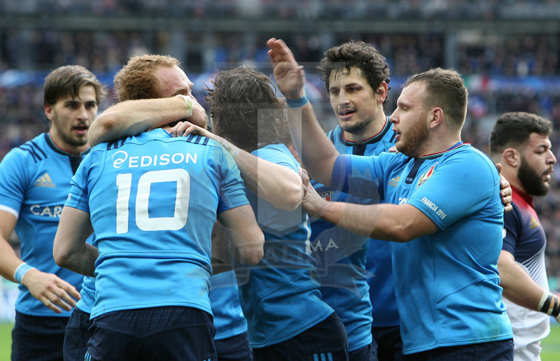 Rbs Sei Nazioni 2016, round 1, Parigi, Stade de France 06/02/2016, Francia v Italia, Carlo Canna festeggiato per la meta. Foto Daniele Resini/Fotosportit
