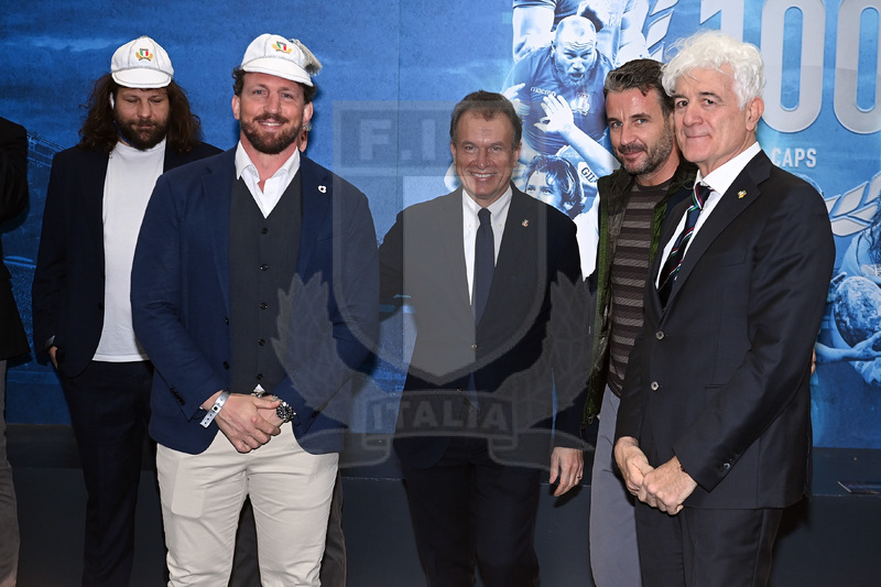 ROME, ITALY - MARCH 12: Leonardo Ghiraldini is presented with her 100th test cap by Marzio Innocenti during the Centurion Test Cap ceremony before the Guinness Six Nations Rugby match between Italy and Scotland at Stadio Olimpico on March 12, 2022 in Rome, Italy. (Photo by Tullio Puglia - Federugby/Getty Images)