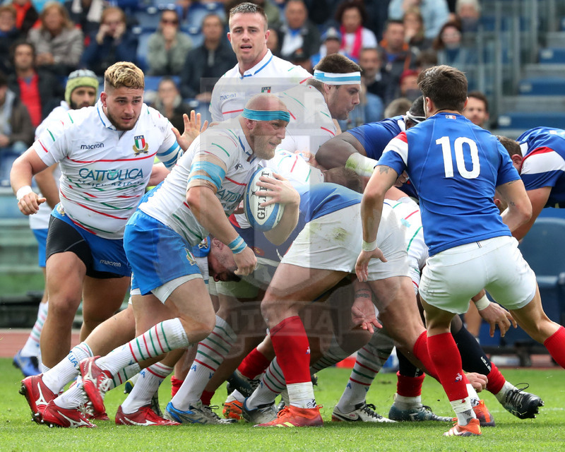 Guinness Sei Nazioni 2019, Round 5, Roma, stadio Olimpico 16/03/2019, Italia v Francia, una carica di Leonardo Ghiraldini con Pasquali in sostegno. Foto Daniele Resini/Fotosportit