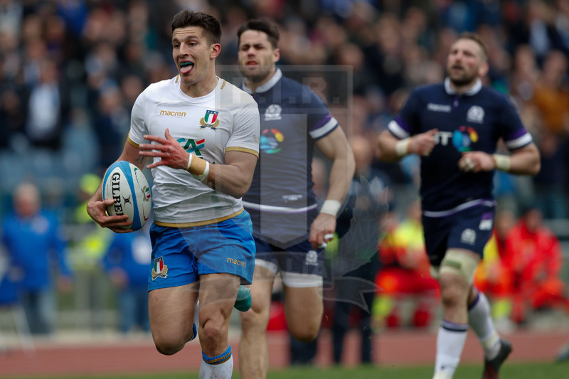 Natwest Sei Nazioni 2018, Roma, Stadio Olimpico, 17/03/2018, Italia v Scozia. Tommaso Allan lanciato in meta. Foto: Roberto Bregani/Fotosportit