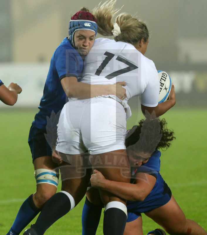 Guinness Sei Nazioni Donne 2020, Round 5, Parma, Cittadella del Rugby 01/11/2020, Italia Donne v Inghilterra Donne, difesa su Amy Cokayne di Giordano e Turani. Foto Daniele Resini/Fotosportit