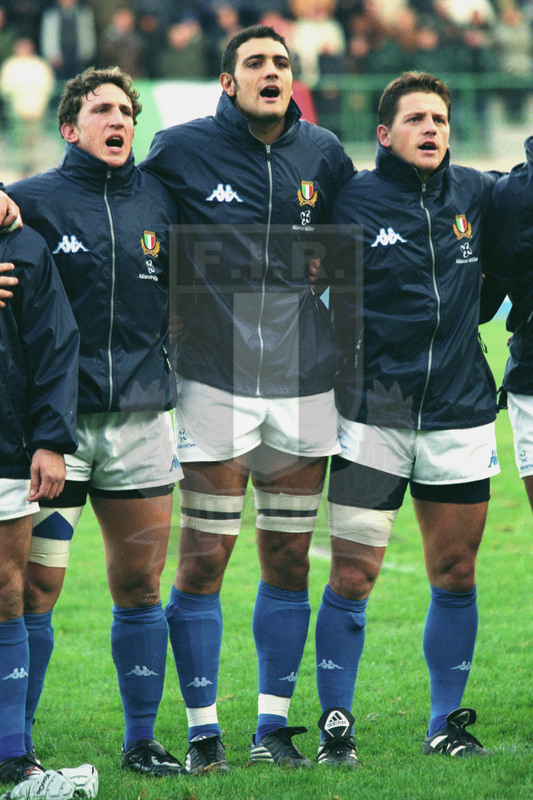 Jaguar Test Match 2001, Treviso, stadio Monigo 10/11/2001, Italia v Fiji, Mauro Bergamasco, Bortolami e Pozzebon all\