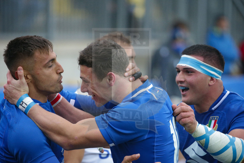 Autumn Nations Series 2021, Parma, Stadio Lanfranchi, 20-11-2021, Italia vs Uruguay. Pierre Bruno festeggiato da Paolo Garbisi e Danilo Fischetti dopo la meta. Foto: Roberto Bregani/Fotosportit