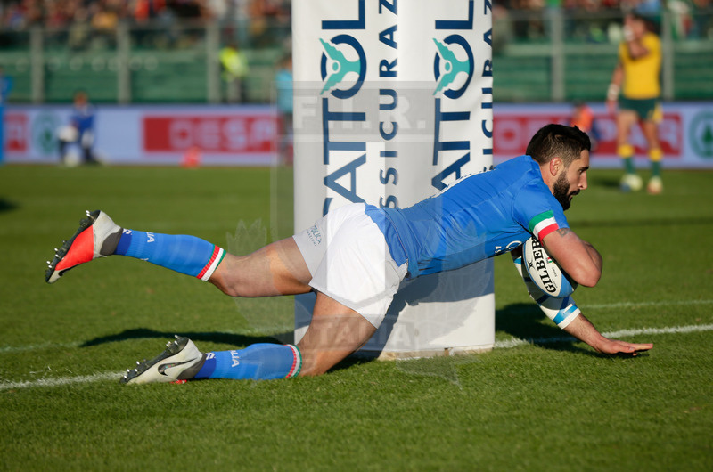 Cattolica Test Match 2018, Padova, Stadio Euganeo, 17-11-2018, Italia v Australia. Tito Tebaldi si tuffa in meta ma l\