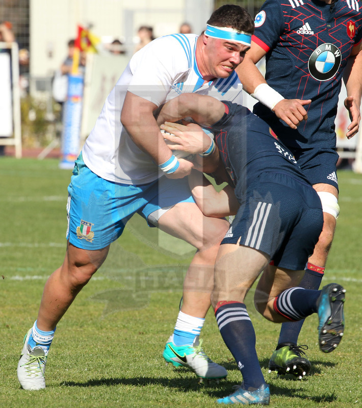 RBS Sei Nazioni 2017, Capoterra (Cagliari), stadio Santa Rosa 10/03/2017, Italia U20 v Francia U20, Giosué Zilocchi contende palla. Foto Daniele Resini/Fotosportit.