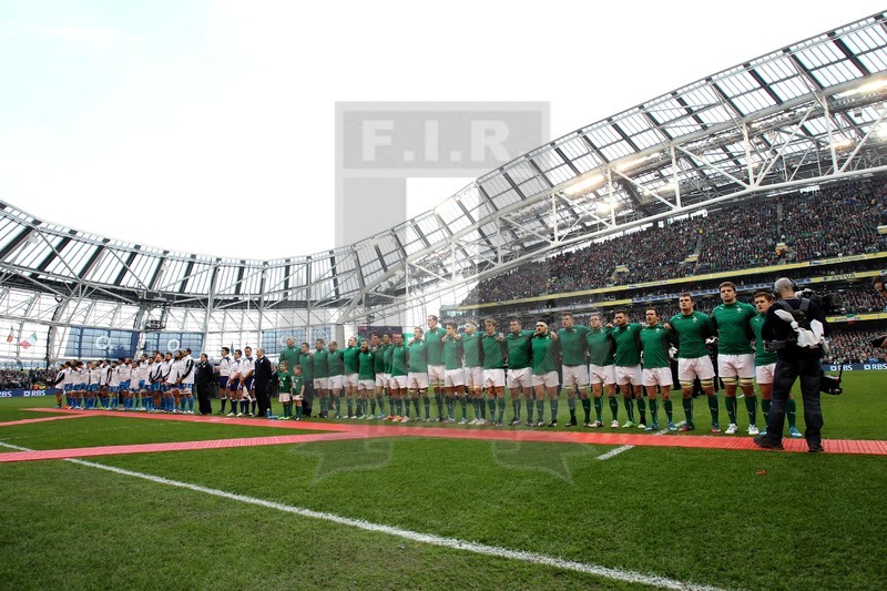 Rbs Sei Nazioni 2014, Dublino, Aviva Stadium, 08/03/2014, Irlanda v Italia, le squadre agli inni.
