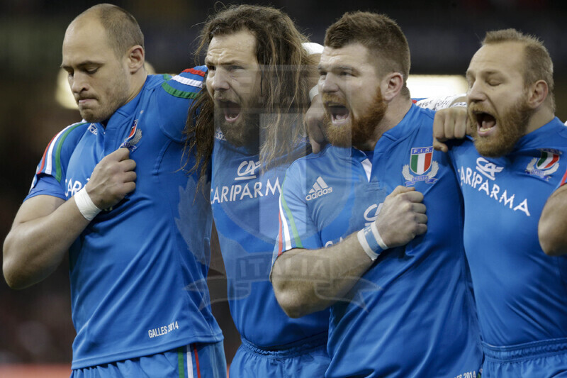 RBS 6 Nazioni 2014, Cardiff, Millennium Stadium, 1/02/2014, Galles v Italia. Parisse con Castrogiovanni, Rizzo e Ghiraldini durante l\