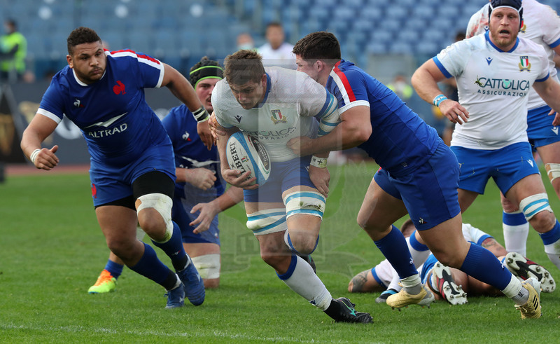 Guinness Sei Nazioni 2021, Round 1, Roma, stadio Olimpico 06/02/2021, Italia v Francia, Johan Meyer tenta il break. Foto Daniele Resini/Fotosportit