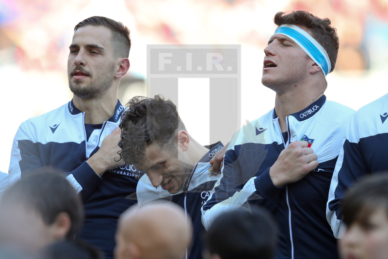 Guinness Sei Nazioni 2020, Round 3, Roma, Stadio Olimpico, 22/02/2020, Italia v Scozia. Giovanni Licata, Matteo Minozzi e Mattia Bellini. Foto Roberto Bregani/Fotosportit