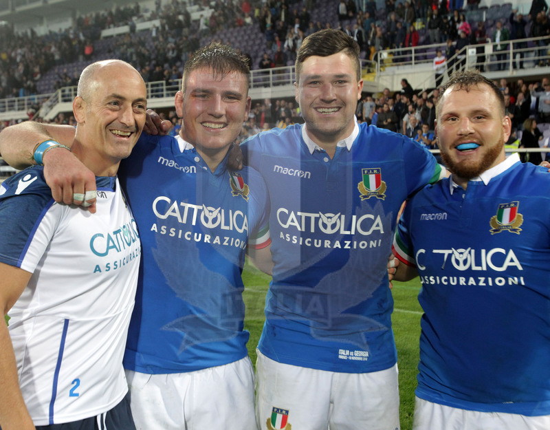 Cattolica Test Match 2018, Firenze, stadio Artemio Franchi 10/11/2018, Italia v Gorgia, festeggiamenti a fine match: Atkinson, Polledri, Negri e Lovotti. Foto Daniele Resini/Fotosportit