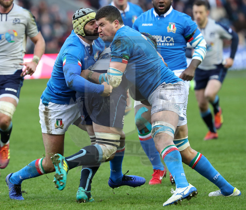 Guinness Sei Nazioni 2018, Round 1, Edimburgo, Murrayfield 02/02/2019, Scozia v Italia, difesa di Esposito e Negri. Foto Daniele Resini/Fotosportit