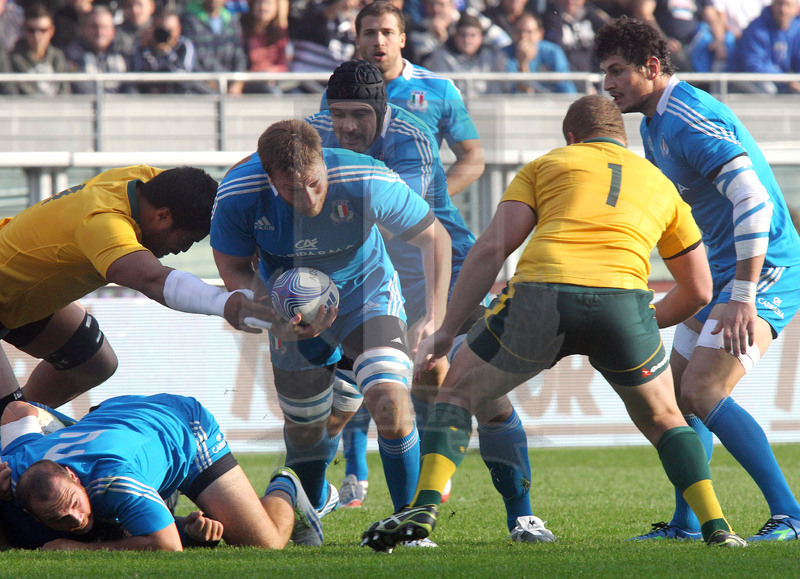 Cariparma test match 2013, Torino, stadio Olimpico, 9 novembre 2013, Italia v Australia, Antonio Pavanello con Bortolami in sostegno.