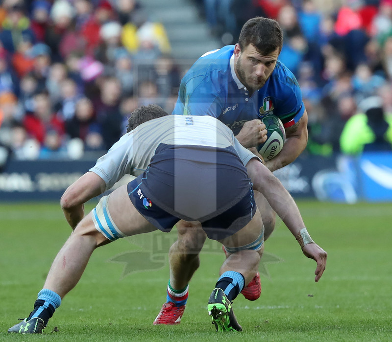 Guinness Sei Nazioni 2019, Round 1, Edimburgo, Murrayfield 02/02/2019, Scozia v Italia, Tommaso Castello impatta. Foto Daniele Resini/Fotosportit