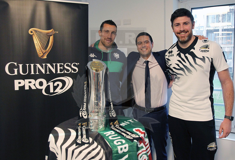 Milano, 19/12/2016, presentazione del derby fra Zebre e Benetton Treviso, i due capitani, George Biagi e Alberto Sgarbi con, al centro, Luigi Filippo Ecuba, Senior Director Sports di Discovery Southern Europe.