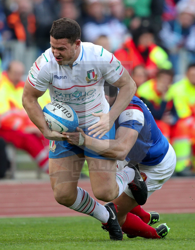 Guinness Sei Nazioni 2019, Round 5, Roma, Stadio Olimpico, 16/03/2019, Italia v Francia. Luca Morisi placcato da Wesley Fofana. Foto Roberto Bregani/Fotosportit