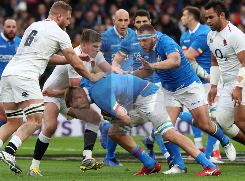 Guinness Sei Nazioni 2019, Round 4, Londra, Twickenham 09/03/2019, Inghilterra v Italia, Federico Ruzza attacca su Farrell. Foto Daniele Resini/Fotosportit