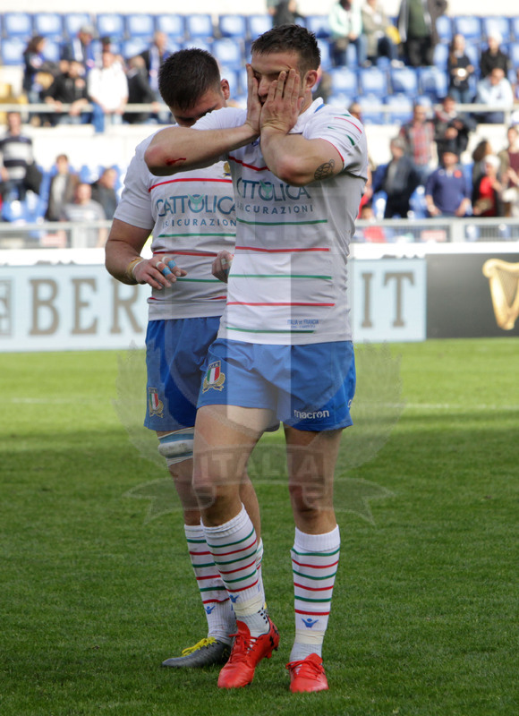 Guinness Sei Nazioni 2019, Round 5, Roma, stadio Olimpico 16/03/2019, Italia v Francia, la disperazione di Edoardo Padovani a fine match. Foto Daniele Resini/Fotosportit