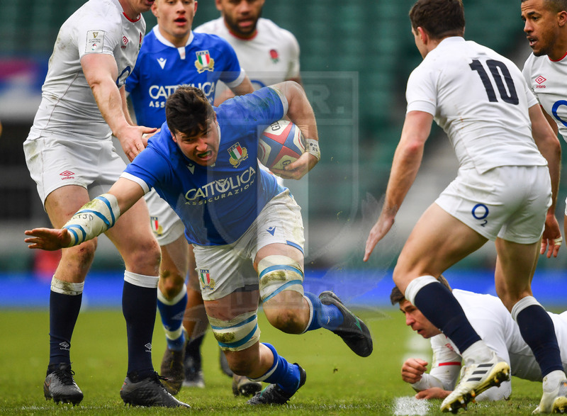 Guinness Sei Nazioni 2021, Round 2, Londra, Twickenham 13/02/2021, Inghilterra v Italia, Sebastian Negri nel traffico. Foto Graig Thomas/Fotosportit