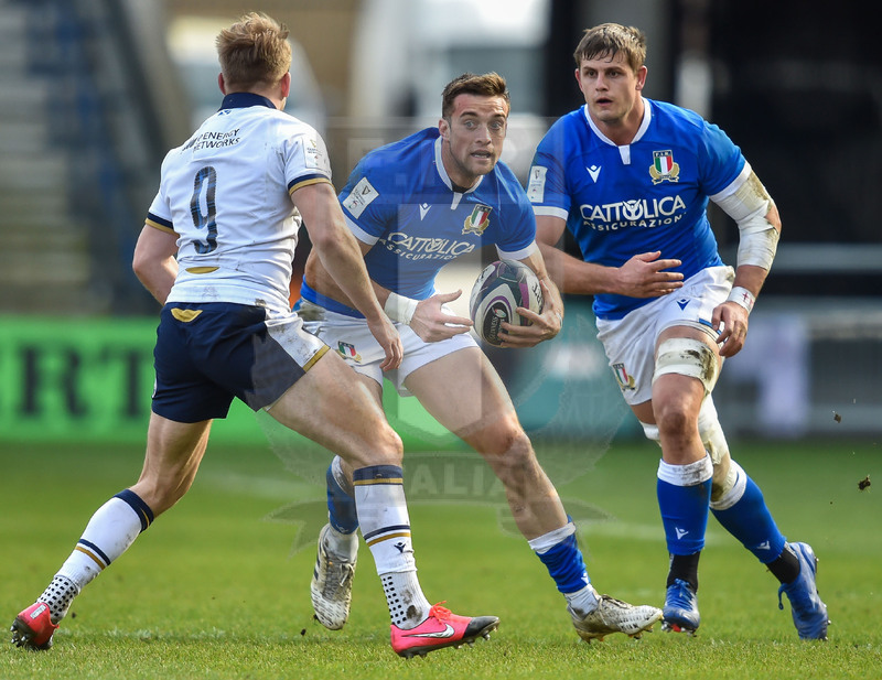 Guinness Sei Nazioni 2021, Round 5, Edimburgo, Murrayfield 20/03/2021, Scozia v Italia, Edoardo Padovani con Johan Meyer in sostegno. Foto David Gibson/Fotosportit