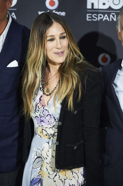 Sarah Jessica Parker fashions a Chanel jacket and Tracey Reese dress at the HBO Espana launch Madrid