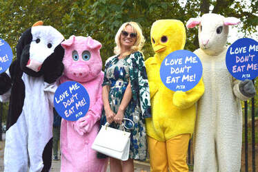 Pamela Anderson Joins Giant Animal Mascots as she Pitches her Loving Vegan Diet Pamela Anderson Joins Giant Animal Mascots as she Pitches her Loving Vegan Diet