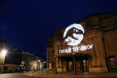 General Views as Universal Pictures project Jurassic World Fallen Kingdom logo for launch of first trailer on December 7 2017 in London General Views as Universal Pictures project Jurassic World Fallen Kingdom logo for launch of first trailer on December 7 2017 in London